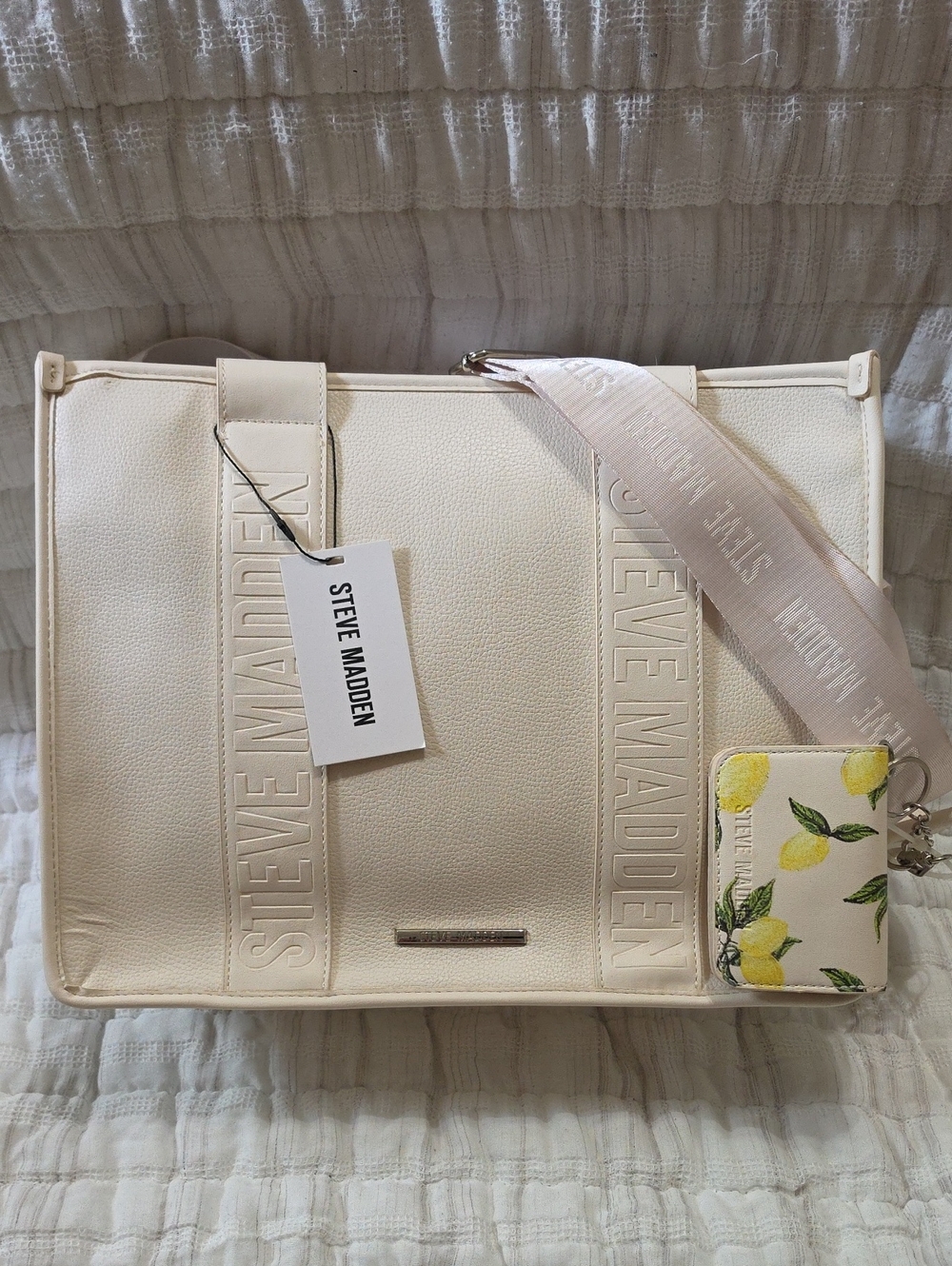 Steve Madden Cream Off White Satchel Tote Bag with Detachable Lemon Cardholder